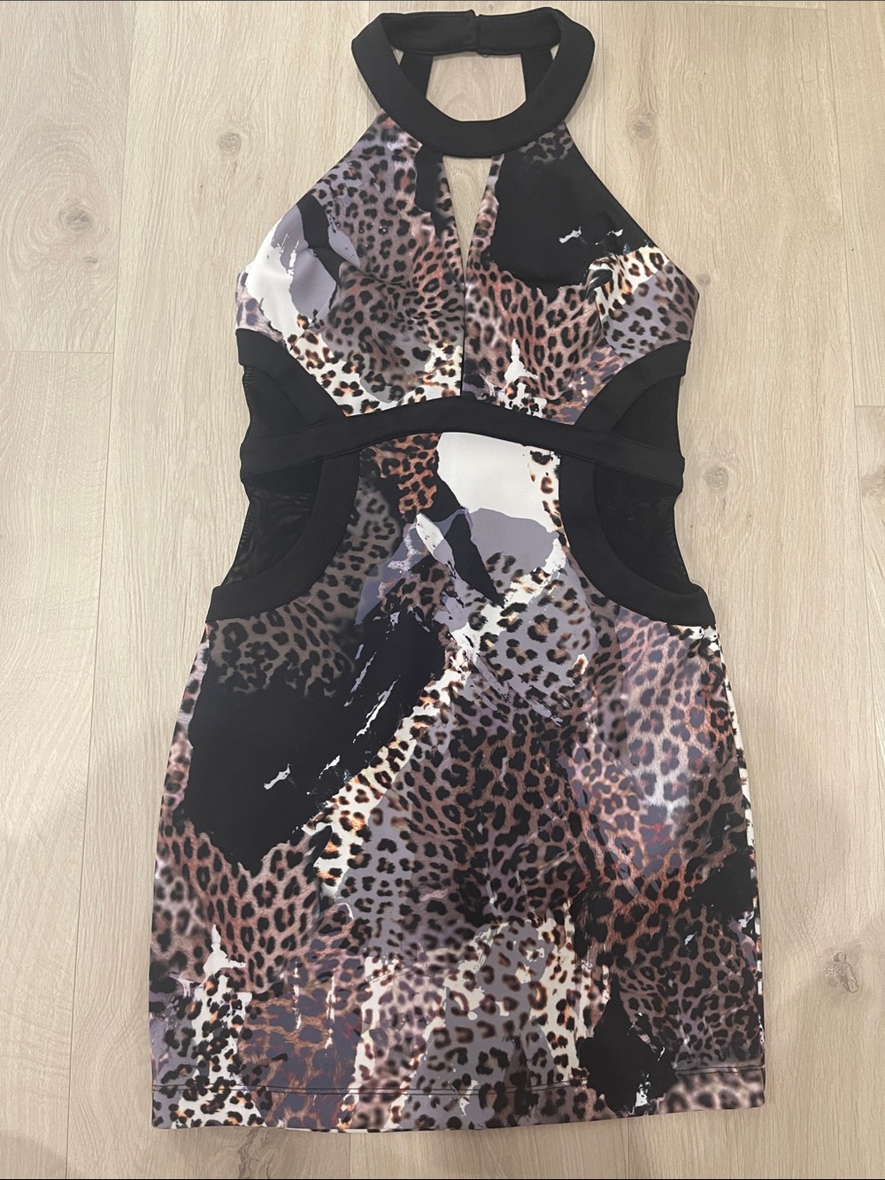 bebe Leopard Print Cutout Halter Mini Dress - Black/Brown
